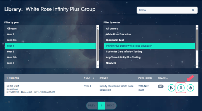 Image highlighting the 'Assign' icon on the quiz listing in the quiz library.
