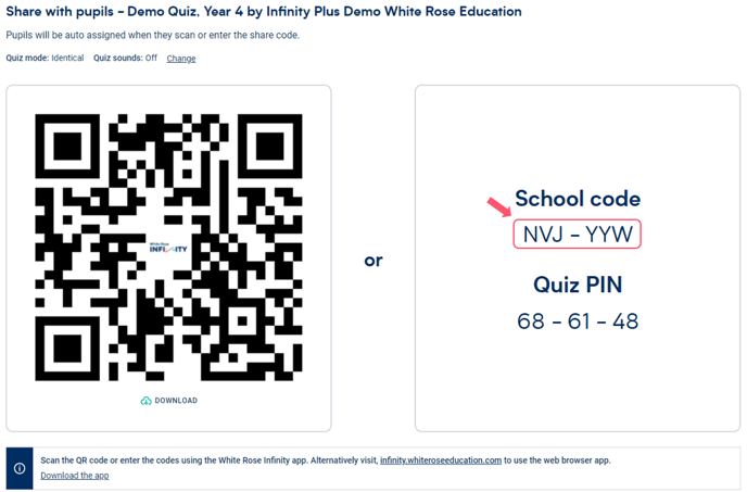 Image of the share code page for a quiz highlighting the school code. 