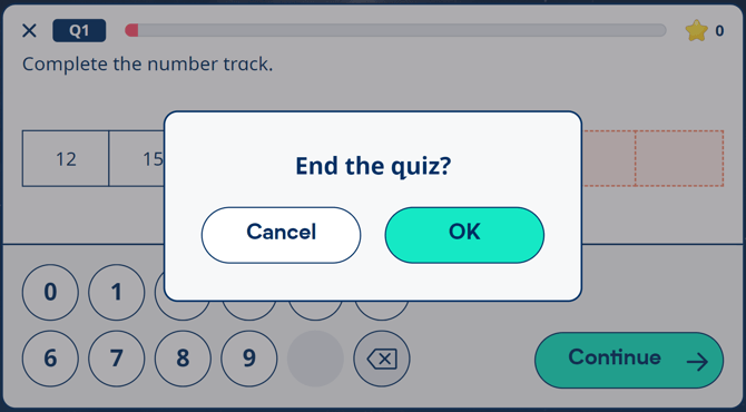 Image showing a quiz question with an 'X' in the top left corner and an open modal asking 'End the quiz?' with the options of cancel or OK.
