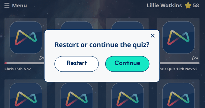 Image showing a pupil homepage with an open modal asking 'Restart or continue the quiz?' with the option to Restart or Continue. 