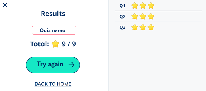 Image of a quiz results page showing 9 of 9 possible starts achieved and the options to try again or go back to the homepage.