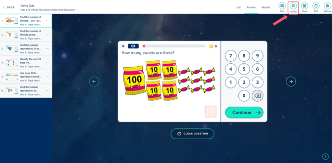 Image highlighting the 'Assign' icon in the top right menu of the quiz preview.