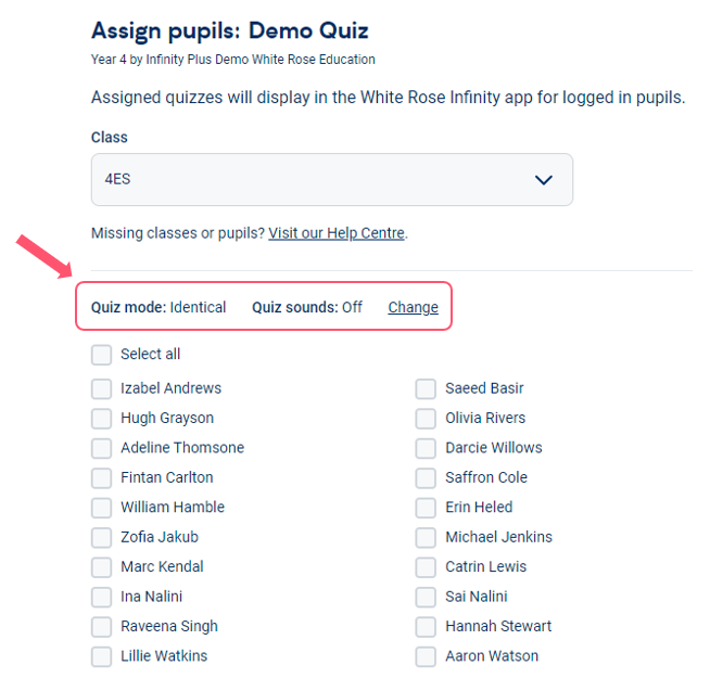 Image of the 'Assign' menu page after the quiz mode has been selected, highlighting how to change the quiz mode if desired. 