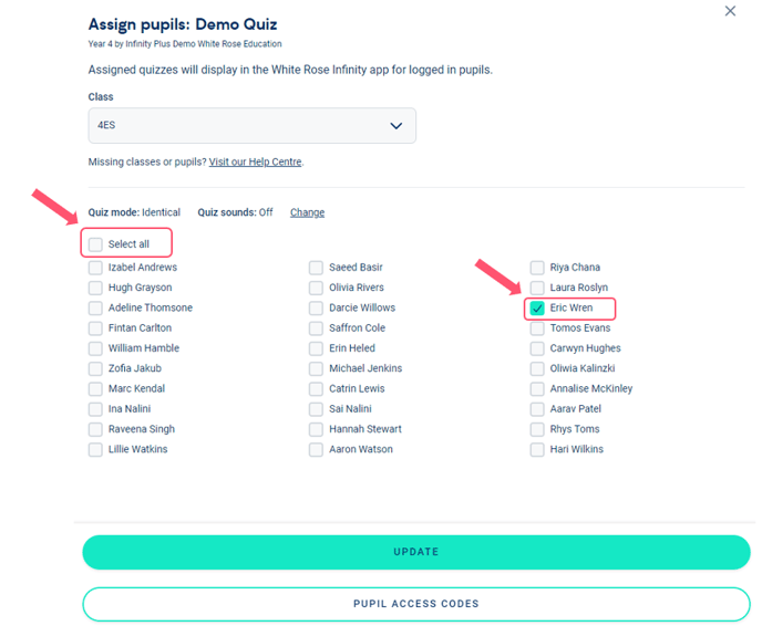 Image of the 'Assign' menu page after the quiz mode has been selected, highlighting the 'select all' option and how to select individual pupils. 