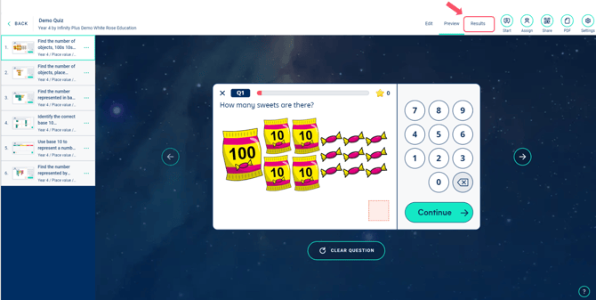 Image of a quiz preview page with the 'Results' tab highlighted.