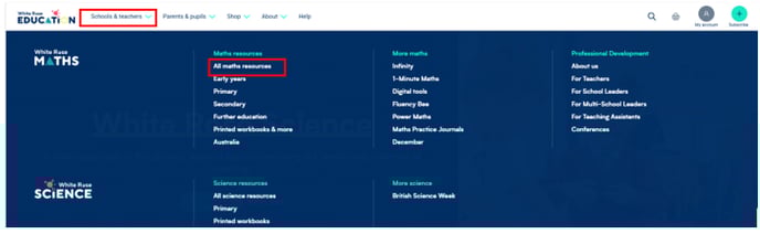 An image showing where to find the 'Schools & teachers' and 'All maths resources' menu options