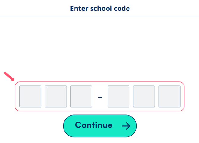 Image of the Infinity pupil app page that requests the school code highlighting the 6 entry boxes for the code.