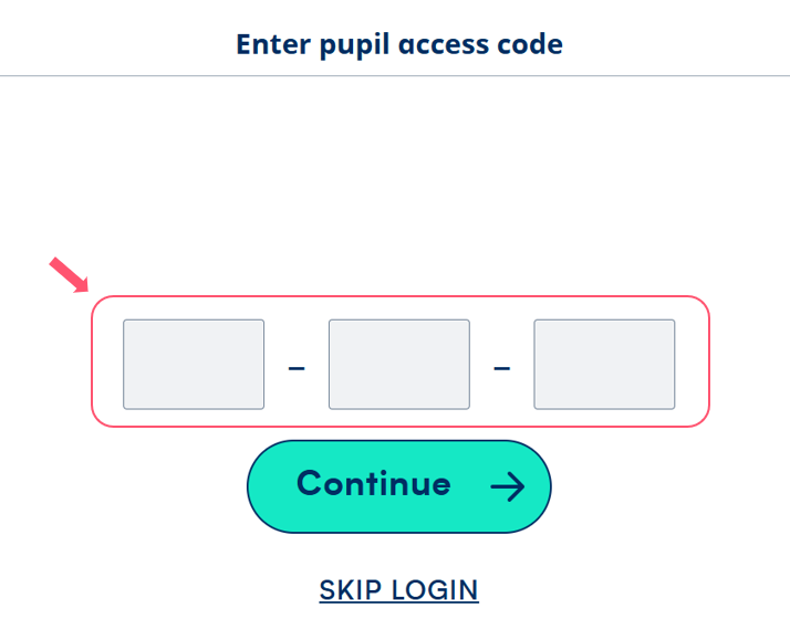 Image of the Infinity pupil app page that requests the pupil access code highlighting the 3 entry boxes for the code.