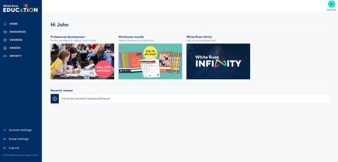 Image of a White Rose Education account holder's home page within 'My account'.