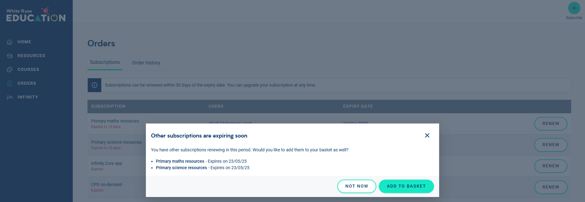 Image of the pop up which gives the option to add all subscriptions due for renewal to the basket
