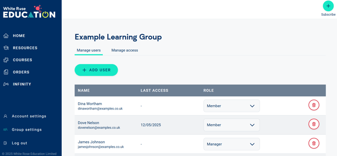 Image of the 'Mange users' tab of 'Group settings'