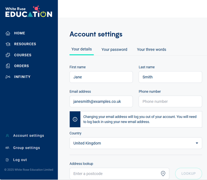 Image of the 'Your details' tab of the 'Account settings' page where you can amend your name and email address.