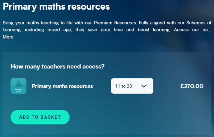 Image of the Primary Maths subscription page with the dropdown menu to select the required user bracket.