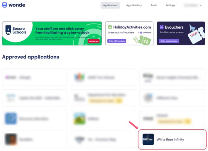 Image of a school's Wonde Portal highlighting the White Rose Infinity tile. 