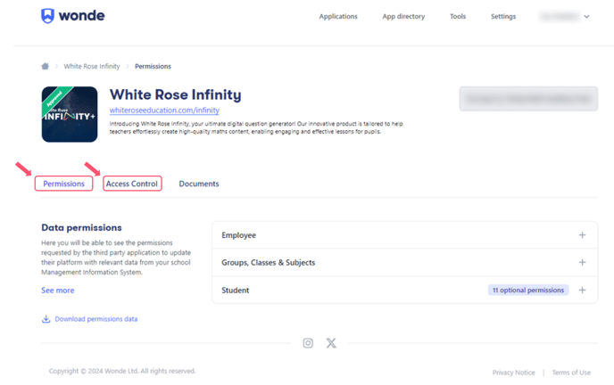 Image of the White Rose Infinity page of a school within Wonde highlighting the Permissions and Access control tabs.