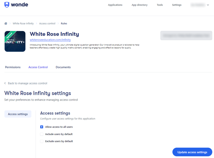 Image of the Access Control tab for White Rose Infinity within Wonde.