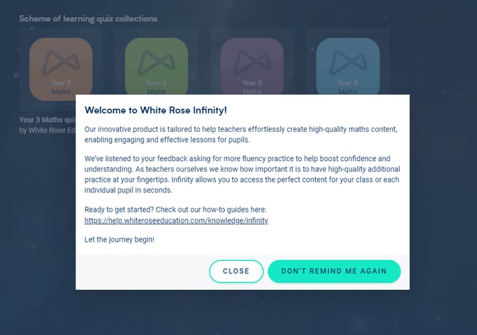 Image showing the welcome message for White Rose Infinity.