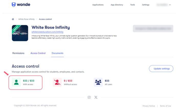 Image of the Access Control tab highlighting how many of the students, employees, and contacts within the school's MIS are being shared with White Rose Infinity. 