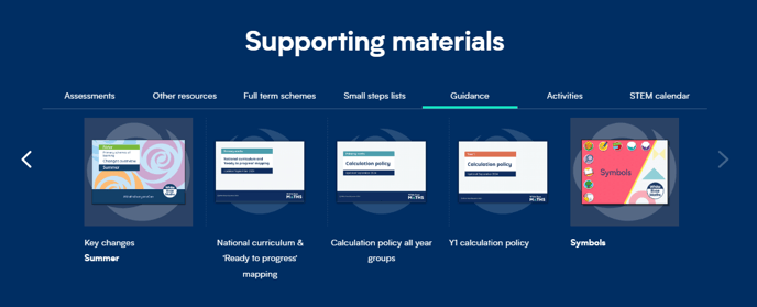 Image of the Supporting materials section of the Year 1 Maths Resources page with the Guidance tab selected. 