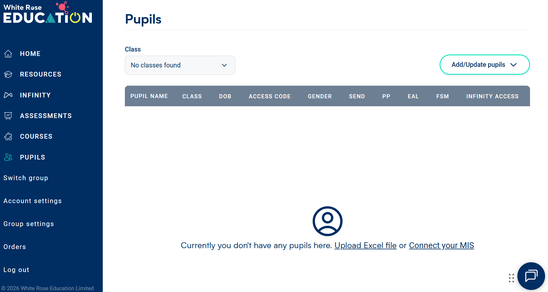 An image of the Pupils tab i My account with no pupil data uploaded. Showing the option to upload an Excel file or connect your MIS.