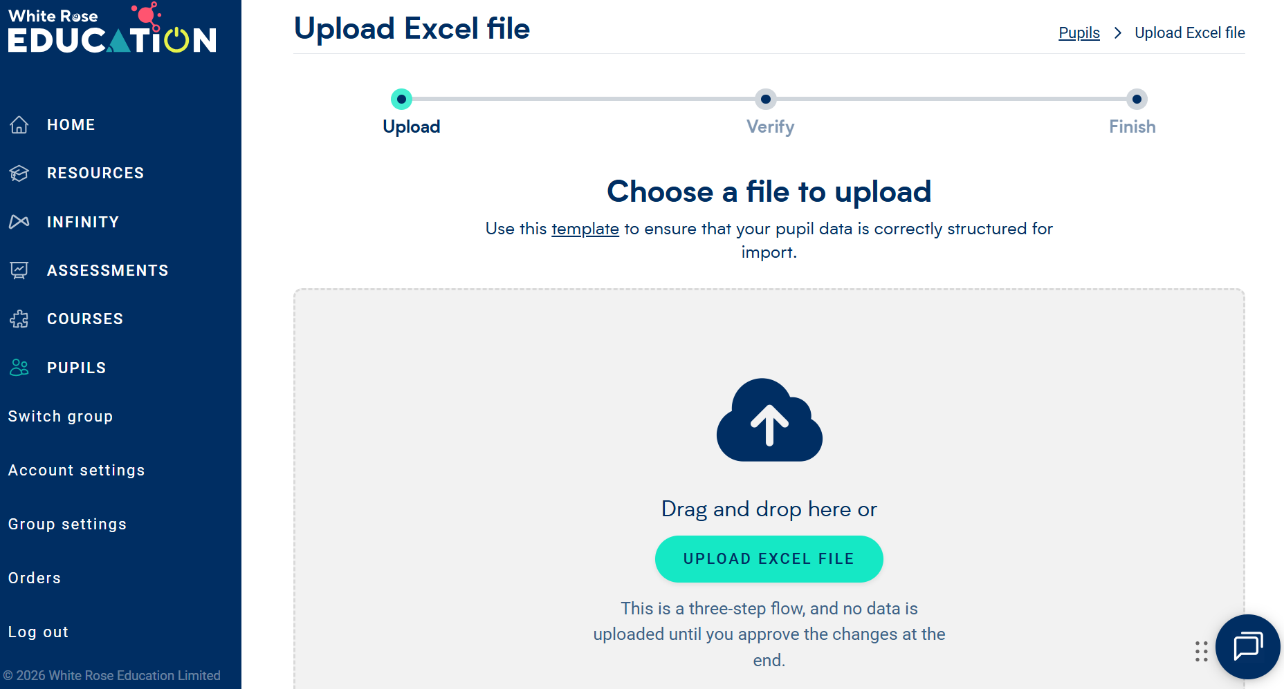 An image of the Pupils tab in My account when the option to upload pupils in an Excel file has been selected. Showing the option to download the Excel template or to upload your prepared file. 
