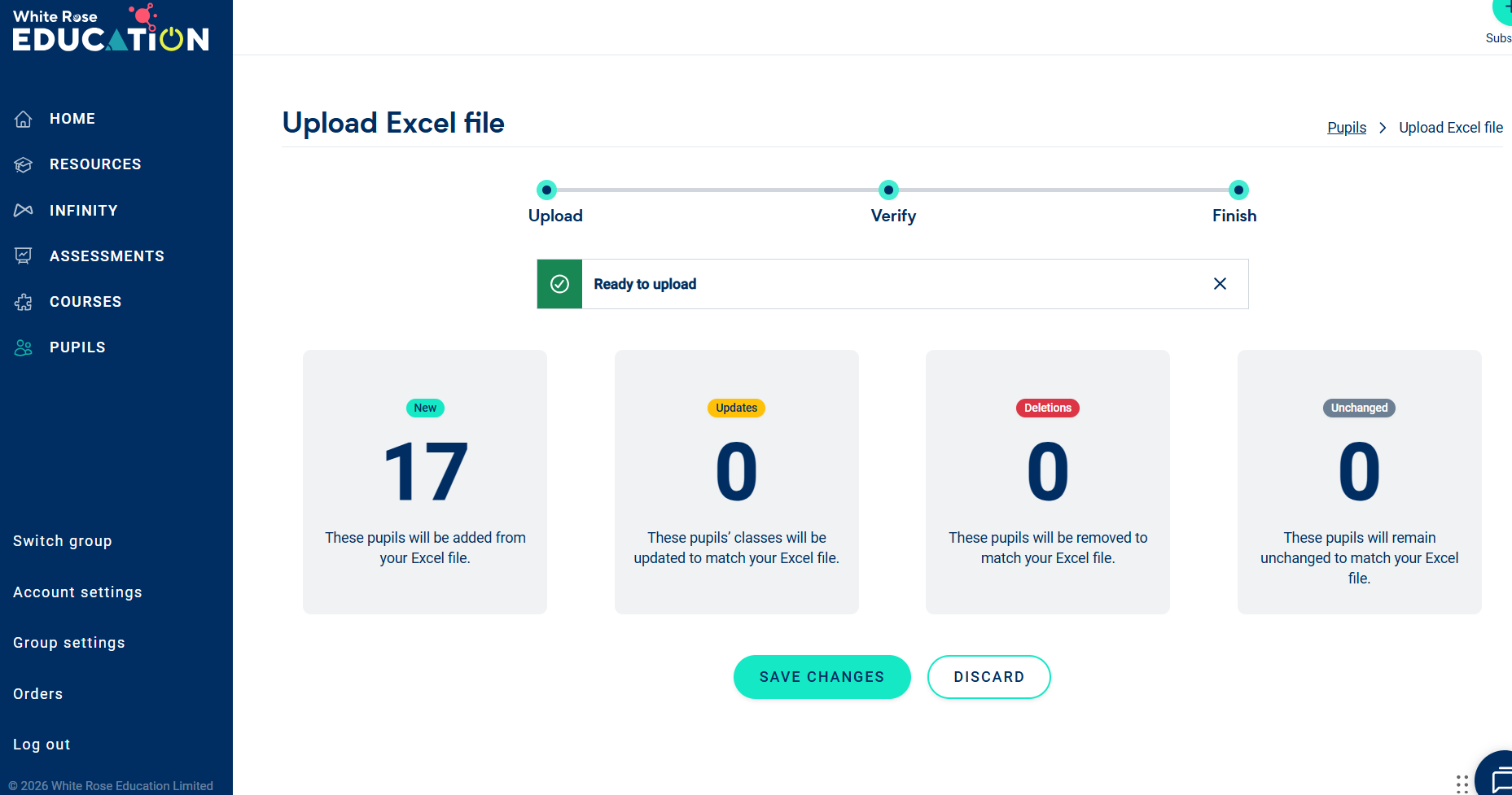 Image of the Excel upload dashboard which informs you of the changes you are about to make to your existing pupil data. In this case adding 17 new pupils, but may also show that pupils are being removed or updated. 